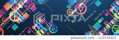 Abstract technological background with colored gears and multicolored rectangles and plexus effect. Vector 125538925