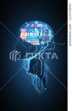 Abstract background on the theme of artificial intelligence. Brain shape with technological elements inside the contour. 125538940