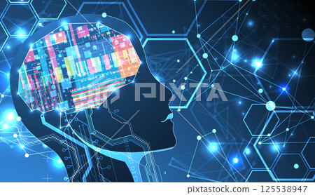 Abstract background on the theme of artificial intelligence. Brain shape with technological elements inside the contour. 125538947