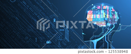 Abstract background on the theme of artificial intelligence. Brain shape with technological elements inside the contour. 125538948