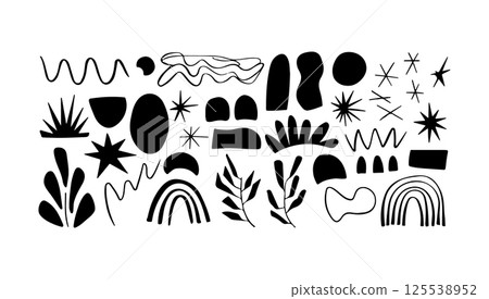 Playful Desert Inspired Symbols. A playful black silhouette combining desert elements like hills, stars, plants, and simple rainbows in an abstract minimalist style. 125538952