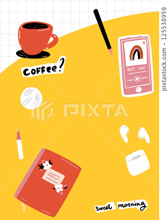 Stationery desk with coffee doodle cup illustration, music player, planner notebook. Productivity design for stories and posters 125538959