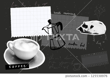 Black coffee paper collage, halftone cappuccino cup, sleeping cat, torn paper notes and handwriting 125538976