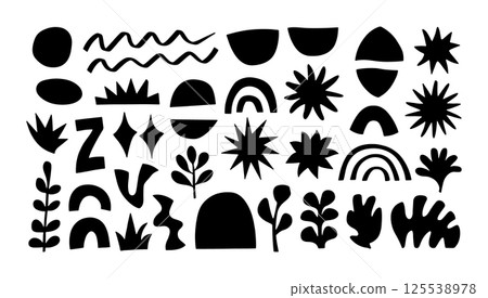 Playful Desert Inspired Symbols. A playful black silhouette combining desert elements like hills, stars, plants, and simple rainbows in an abstract minimalist style. 125538978