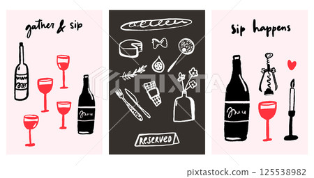 Wine and starters food doodle graphic posters set for cafe and restaurants. Bottles, glasses elegant black and red ink sketches Wine and starters food doodle graphic posters set for cafe and restaurants. Bottles, glasses elegant black and red ink sketches 125538982