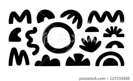 Soft Abstract Landscape Symbols. A soft black silhouette of abstract landscape elements including sun, waves, hills, and rainbows, created in a minimalist boho style. Soft Abstract Landscape Symbols. A soft black silhouette of abstract landscape elements including sun, waves, hills, and rainbows, created in a minimalist boho style. 125538986