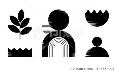 Bold Minimalist Nature Icons. A bold minimalist black shape combining nature elements like hills, rainbows, flowers, and sun, designed with strong simple forms for creative and decorative uses. Bold Minimalist Nature Icons. A bold minimalist black shape combining nature elements like hills, rainbows, flowers, and sun, designed with strong simple forms for creative and decorative uses. 125538995