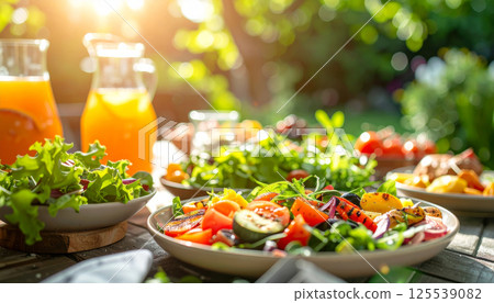 Fresh salads, grilled vegetables, and pitchers of citrus drinks create vibrant outdoor dining scene, perfect for summer gatherings and celebrations. colorful display evokes joy and warmth Fresh salads, grilled vegetables, and pitchers of citrus drinks create vibrant outdoor dining scene, perfect for summer gatherings and celebrations. colorful display evokes joy and warmth 125539082