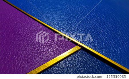 Luxurious textured surfaces of blue and purple leather material intersected by golden trim, creating striking visual contrast that evokes elegance and sophistication Luxurious textured surfaces of blue and purple leather material intersected by golden trim, creating striking visual contrast that evokes elegance and sophistication 125539085