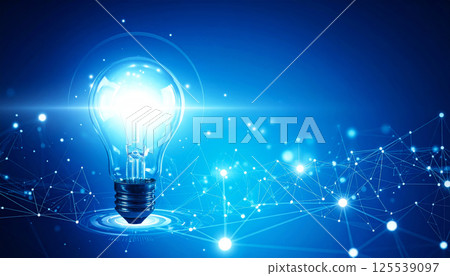 luminous light bulb symbolizes new ideas, surrounded by vibrant web of interconnected lines and dots, representing creativity and innovation in digital world 125539097