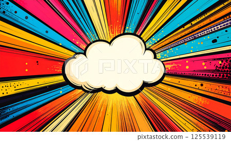 Colorful explosion with vibrant streaks radiating from central blank cloud, reminiscent of comic book art, creating energetic and dynamic visual impact 125539119
