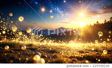 Ethereal glowing orbs and sparkling stars illuminate mystical twilight sky, creating magical atmosphere as sun sets behind distant mountains 125539120