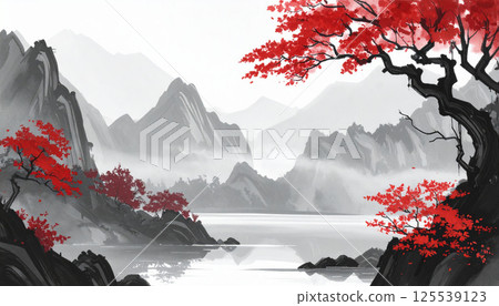 serene Japanese landscape painting featuring rugged mountains shrouded mist, with vibrant red trees contrasting against monochromatic background. tranquil scene evokes sense of peace and mystique 125539123