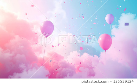 whimsical landscape featuring pastel colored balloons floating amidst fluffy clouds, creating dreamy atmosphere filled with confetti and soft hues. scene evokes sense of joy and celebration whimsical landscape featuring pastel colored balloons floating amidst fluffy clouds, creating dreamy atmosphere filled with confetti and soft hues. scene evokes sense of joy and celebration 125539124