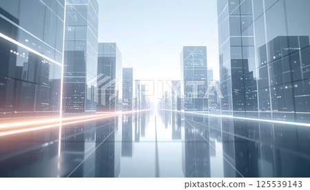 Futuristic cityscape with towering transparent buildings, glowing edges, and sleek reflective surface creates high tech atmosphere. scene evokes sense of innovation and modernity 125539143