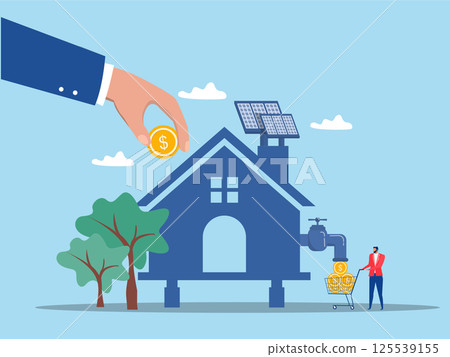 Businessman hand put coin with money return.Property or real estate investment house ownership or investing opportunity concept, vector 125539155