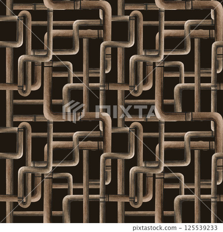 Interlocking copper pipes plumbing pipeline with connectors seamless pattern isolated on dark background. Watercolor illustration of water supply. Plumbing and drainage design. Web sites template 125539233