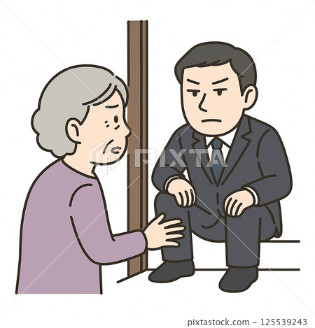 Illustration of an elderly person having trouble with an unscrupulous businessman staying at the front door (door-to-door fraud, forced buying) 125539243