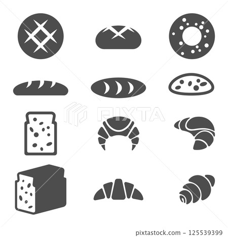 Set of grey icons of bakery products isolated illustration Set of grey icons of bakery products isolated illustration 125539399
