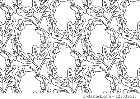 Line art floral seamless pattern with tropical leaves vector illustration. Hand drawn outline repeating foliage in white background. Graphic design for Cover Textile Fashion Birthday Wedding Greeting 125539515