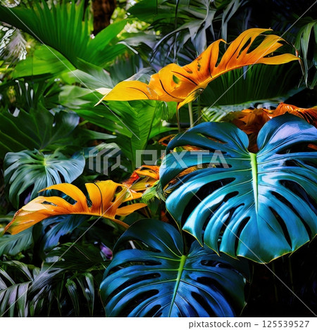 an AI Image Generator, Colorful Tropical Leaves Display in Artistic 125539527