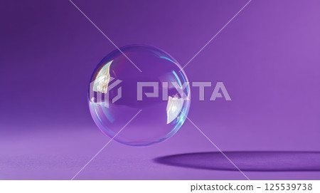 Transparent Soap Bubble Hovering in Vibrant Purple Background Field 125539738