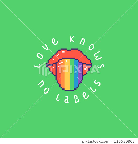 Square pride poster with bright red lips, rainbow tongue and phrase Love Knows No Labels. LGBT banner in pixel style. Hand drawn vector illustration. 125539803