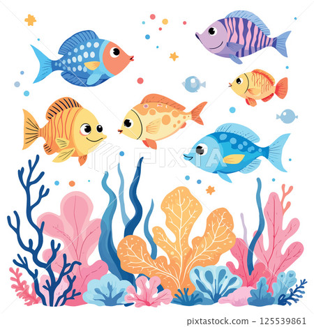 Vsai colorful tropical fish swimming over coral reef in cartoon style 125539861
