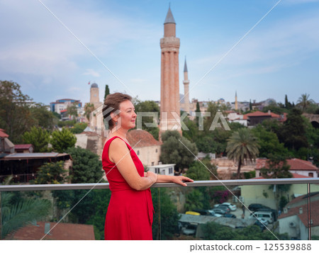 Woman walking narrow streets of old town Antalya Turkey 125539888