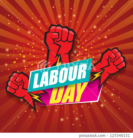 1 may Happy labour day vector label with strong protest fist in the air on vintage red rays background. vector happy labor day background or banner with man hand. workers may day poster 125540131