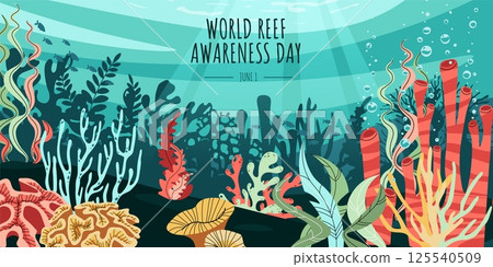 Coral Reef Conservation Banner for World Reef Day with Marine Life and Bubbles Ideal for Eco Awareness Campaigns Social Media and Print. Bright colorful vector illustration 125540509