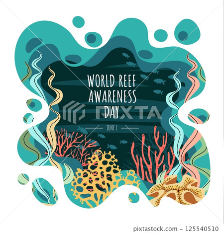 World Reef Day Square Banner. Flat Coral Reef and seaweed Design. Minimalist Marine Conservation Illustration for Social Media, Posters and Eco Campaigns. World Reef Day Square Banner. Flat Coral Reef and seaweed Design. Minimalist Marine Conservation Illustration for Social Media, Posters and Eco Campaigns. 125540510