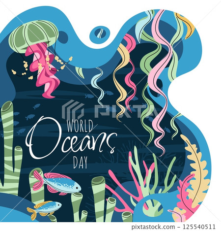 World Oceans Day Square Banner. Flat Design Underwater Scene with Coral Reef, Seaweed, Tropical Fish and Jellyfish. Vector Illustration for Eco Campaigns, Social Media and Educational Materials. 125540511