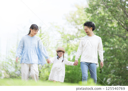 Family walking holding hands, spring/summer outings and outdoor leisure image, full body 125540769