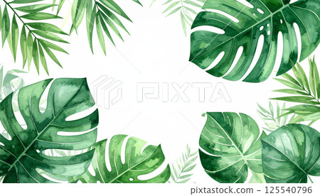 Lush tropical rainforest leaves create vibrant backdrop with flowing palm fronds and monstera in various shades of green, evoking serene and refreshing atmosphere 125540796