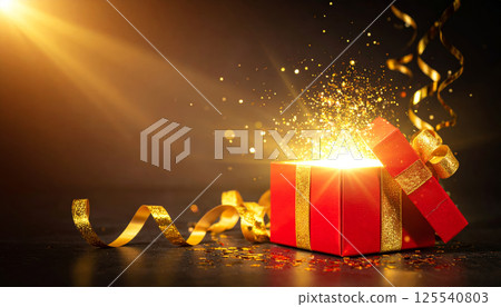 magical red gift box illuminated with bright golden glow, surrounded by swirling golden ribbons and sparkling light, evokes sense of wonder and joy 125540803