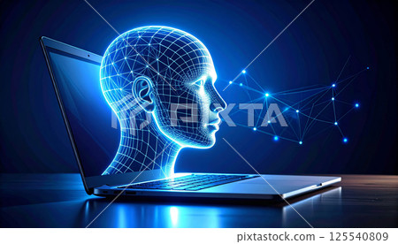 futuristic concept featuring holographic human head emerging from laptop, illuminated in blue light, symbolizing advanced technology and artificial intelligence 125540809