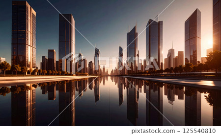 stunning minimalist futuristic cityscape featuring tall mirrored skyscrapers rising from smooth reflective surface, creating serene and captivating atmosphere 125540810