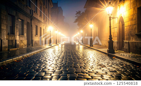 serene cobblestone street at night, illuminated by glowing street lamps that create starburst effect. wet pavement reflects warm light, enhancing tranquil atmosphere serene cobblestone street at night, illuminated by glowing street lamps that create starburst effect. wet pavement reflects warm light, enhancing tranquil atmosphere 125540818