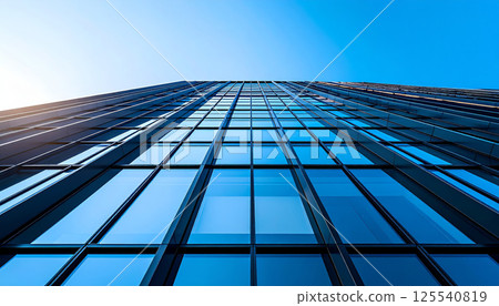 Modern corporate building with striking glass facade and structural steel grid, reaching towards sky, evokes sense of ambition and innovation Modern corporate building with striking glass facade and structural steel grid, reaching towards sky, evokes sense of ambition and innovation 125540819