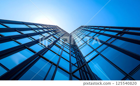 Modern corporate building with striking glass facade and structural steel grid, reaching towards bright blue sky, evokes sense of ambition and innovation 125540820