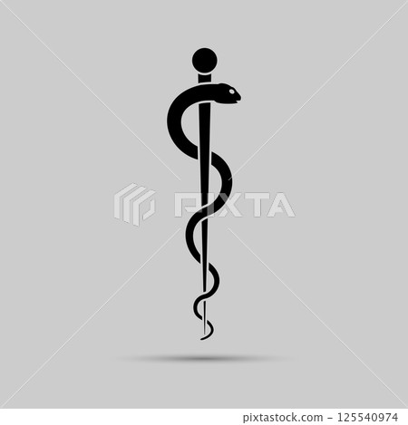 Aesculapius medical symbol or symbol featuring a snake around a rod. 125540974