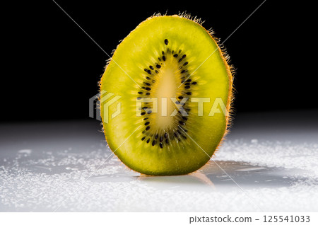 The sliced kiwi looks juicy and appetizing. The green piece of kiwi shows off the vibrant texture of the pulp. 125541033