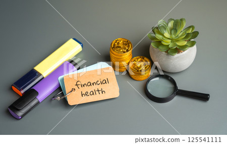 Financial health concept. State of your personal financial situation. It includes how well you re managing your money, meeting your financial obligations, and planning for the future. Message, coins Financial health concept. State of your personal financial situation. It includes how well you re managing your money, meeting your financial obligations, and planning for the future. Message, coins 125541111