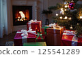 Christmas gifts wrapped boxes ribbons under decorated tree warm fireplace background festive holiday morning giving season family tradition presents joy 125541289