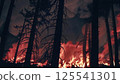 Forest fire burning trees dramatic night scene environmental disaster climate change emergency natural catastrophe destruction powerful force dangerous red glowing flames dark 125541301