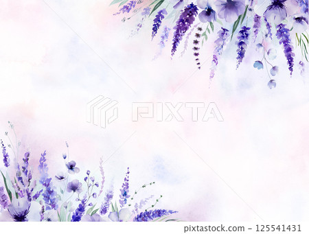 Frame made of watercolor lavender flowers. Purple wildflowers wedding isolated illustration 125541431