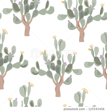 Prickly pear plant seamless pattern. Bunny ear cactus. Opuntia vector illustration 125541456