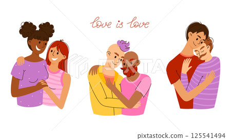 Set of 3 Homosexual Hugging Couples in Romantic Relationship. Happy and Smiling Gay, Lesbian, and Queer People Falling in Love. Love Is Love LGBTQ+ Illustration for Equality and Inclusion 125541494