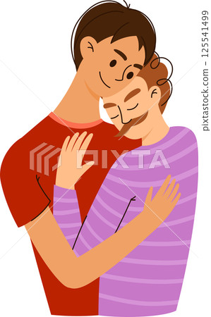 Gay Couple Hugging Illustration Isolated on White. Happy and Smiling LGBT Men in Romantic Relationship. Homosexual enamored people of same sex. Male valentines, boyfriends embracing 125541499